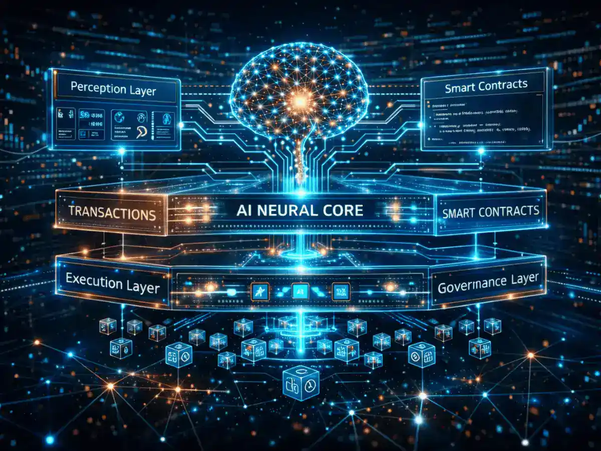 Agentic workflows blockchain architecture showing perception reasoning execution governance layers