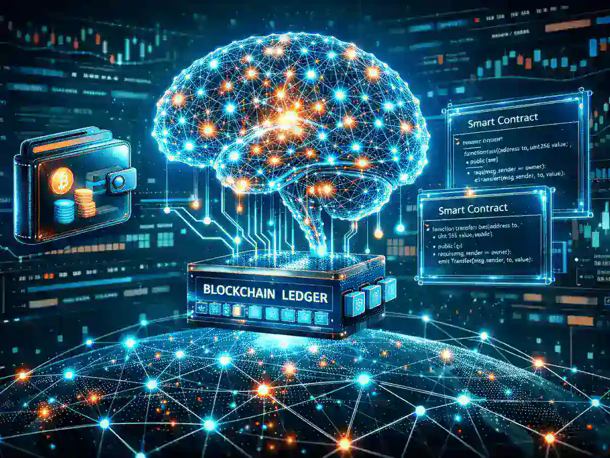 Autonomous AI agents crypto system connected to blockchain nodes and smart contracts