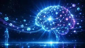 Hero banner for Agentic AI in 2026, cinematic illustration of a luminous AI neural brain surrounded by autonomous agent nodes and eletric-blue data stream on a deep navy background, representing the future of autonomous AI systems