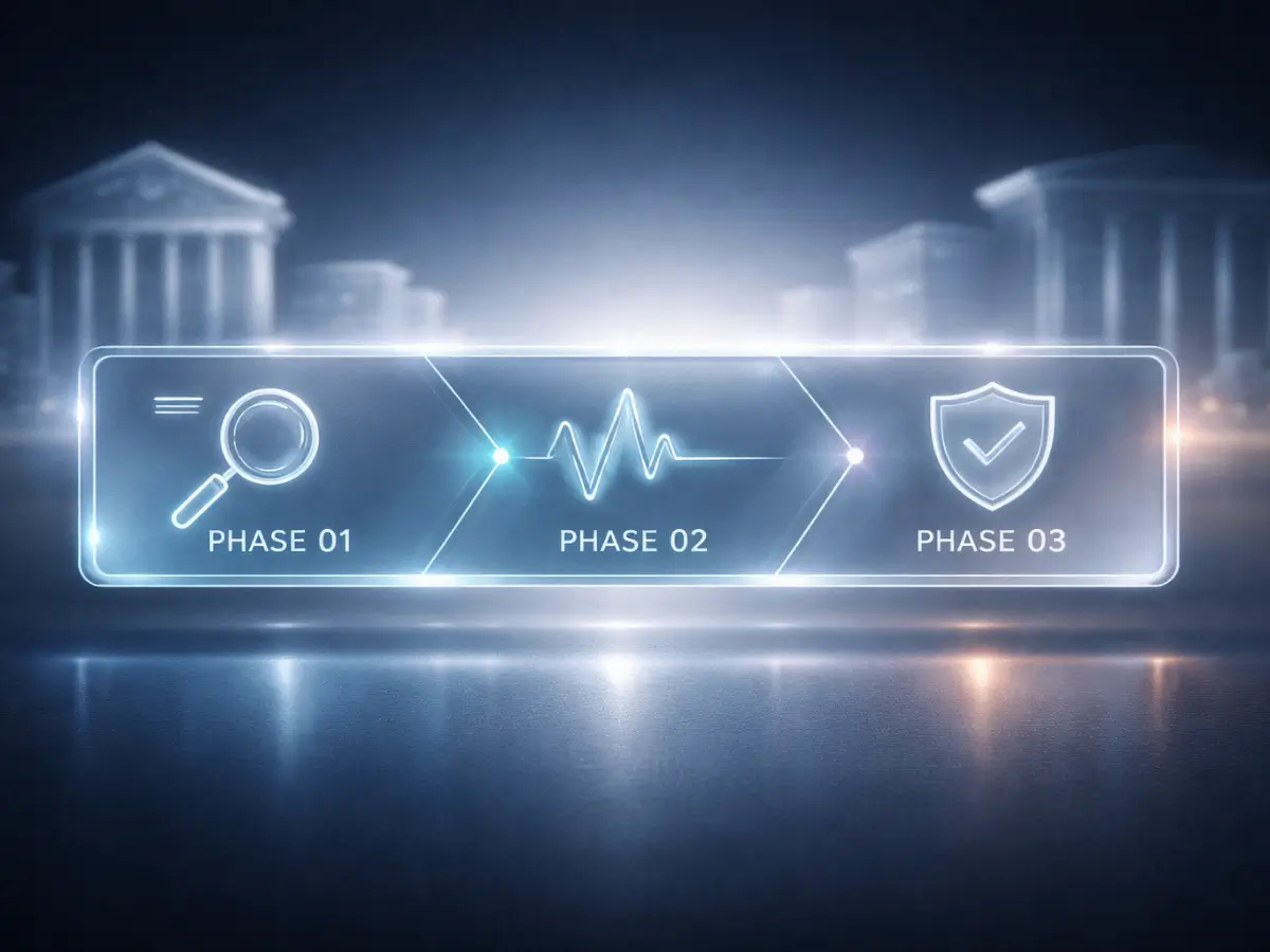 Timeline roadmap graphic showing 12-month on-chain AI compliance implementation phases for institutional asset manager in DeFi