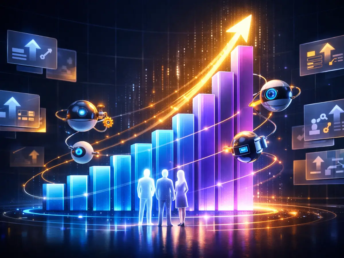 Agentic AI business growth case study, 3D visualization of a small startup team achieving exponental scaling with autonomous AI agents, glowing holographic growth chart in blue and gold
