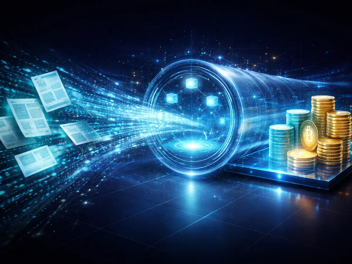 Centrifuge RWA tokenization process diagram 2026, flowchart showing how real-world credit assets move from originator to blockchain token to DeFi liquidity pool and back to investor yield.