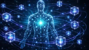 Decentralized AI agents glowing as interconnected neural nodes on a blockchain network