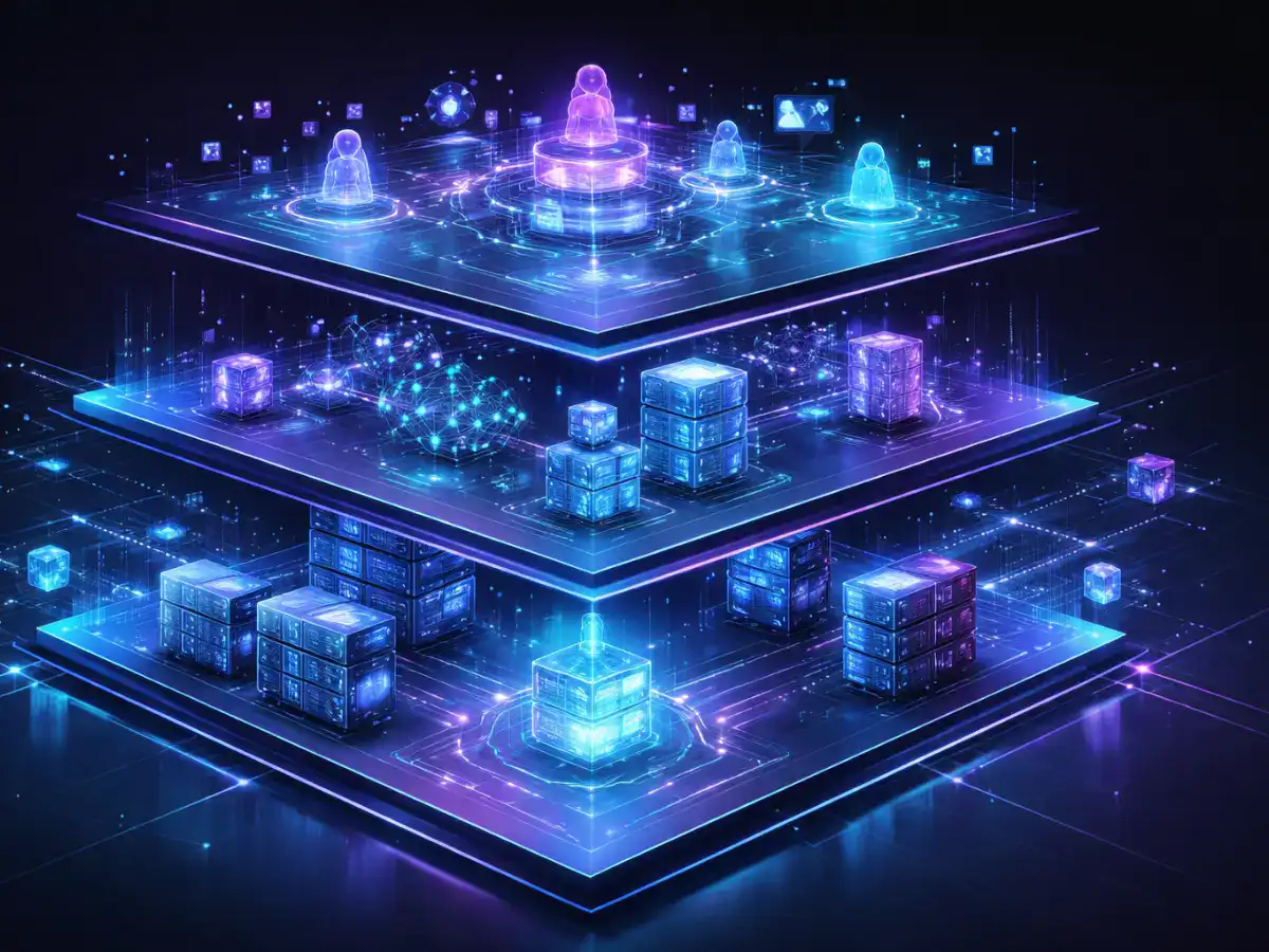Four-layer diagram showing Render Network at compute layer, Bittensor at model layer, Ocean Protocol at data layer, and Fetch. ai at agent layer.