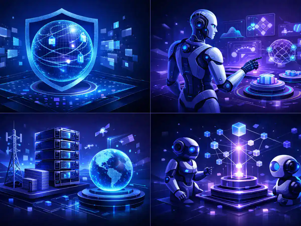 Four-quadrant infographic showing 2026 decentralized AI trends: ZKML privacy computing, deFAI intent-based execution, enterprise DePIN adoption, and autonomous AI finance agents.