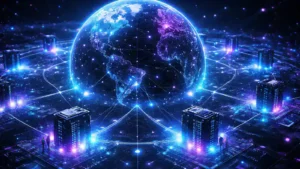 Visual map of a global decentralized ai projects, connecting blockchain nodes, GPU computing power, and intelligent agents.