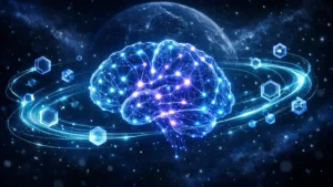 DeFAI decentralized AI agents Web3 blockchain futuristic hero banner illustration 2026 neural network nodes data streams