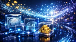 RWA tokenization 2026 hero banner, futuristic blockchain network with glowing golden tokens, holographic bonds, and real estate blueprints connected by neon-blue data streams on a deep navy background