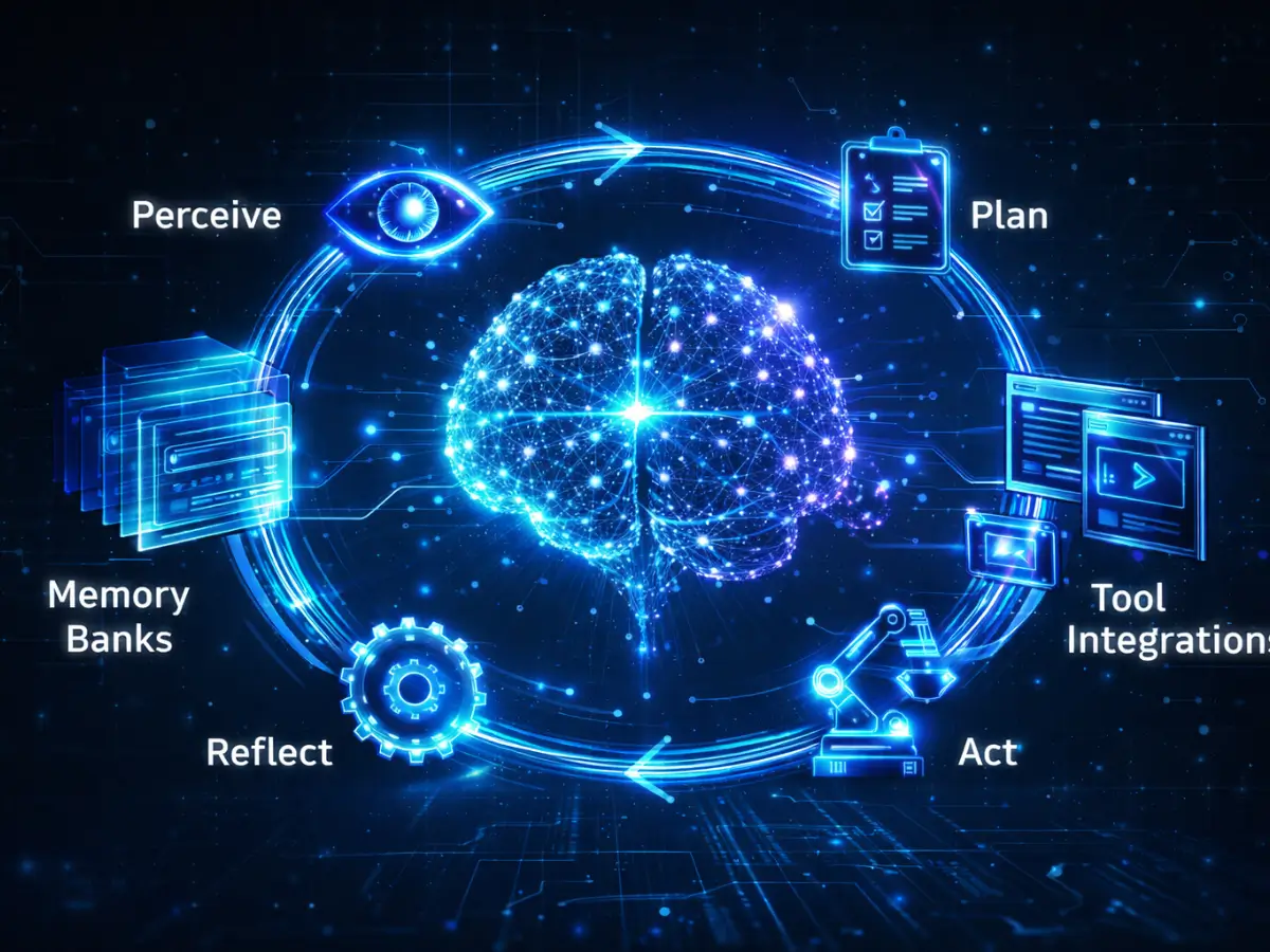 Agentic AI architecture diagram illustrating the Perceive-Plan-Act-Reflect loop with glowing neural data folows, memory layers, and tool integrations in a futuristic 3D render
