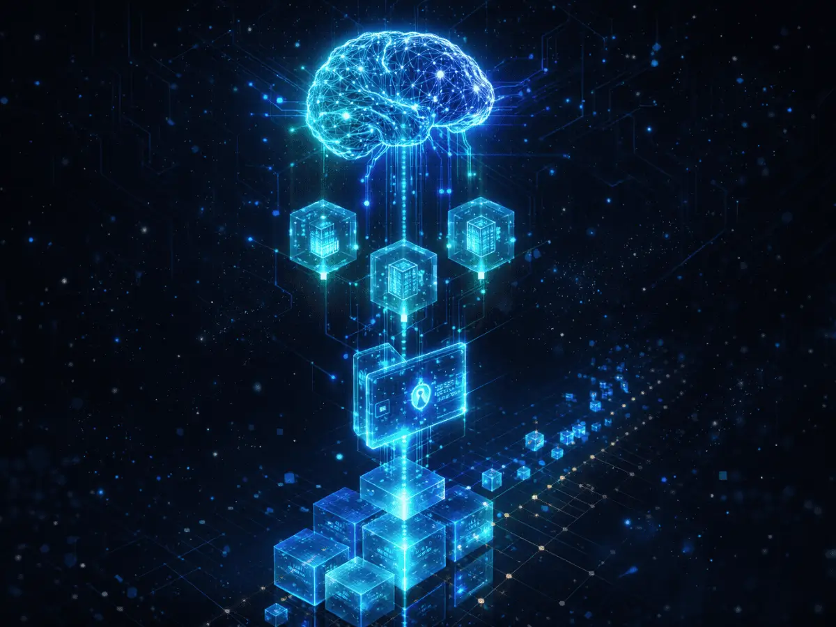 AI neural network connected to smart contracts and blockchain ledger in isometric 3D view