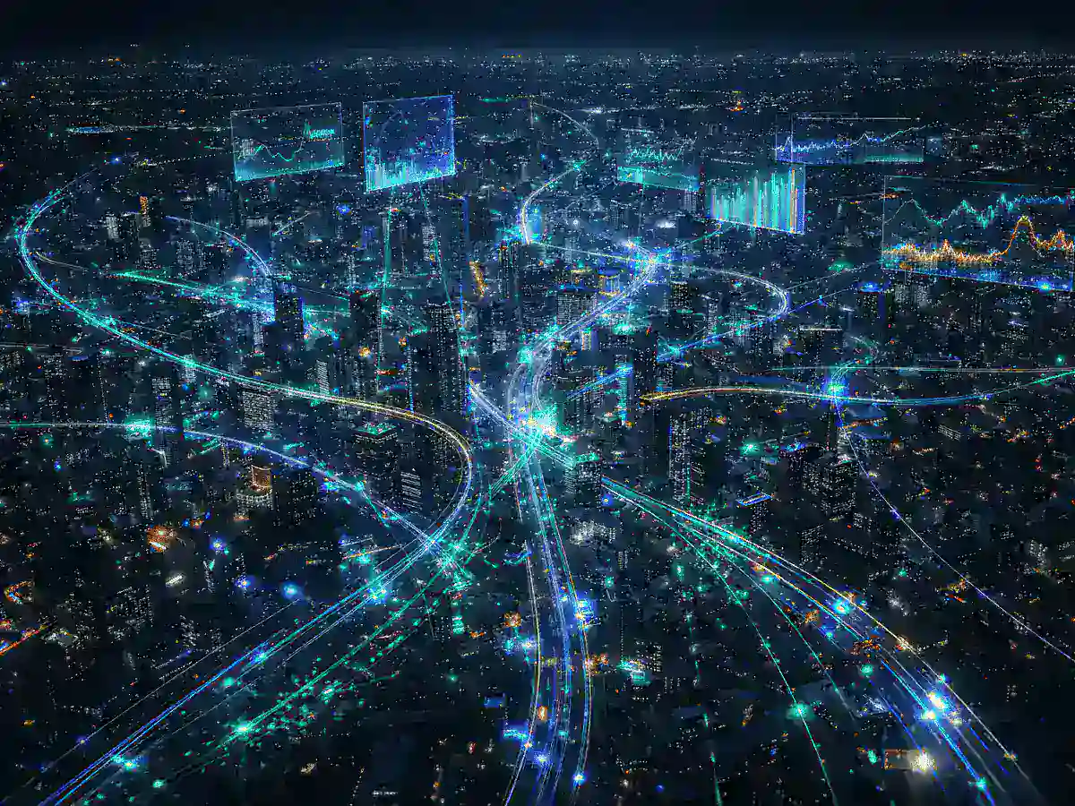 Futuristic smart city powered by decentralized AI agents and blockchain data streams