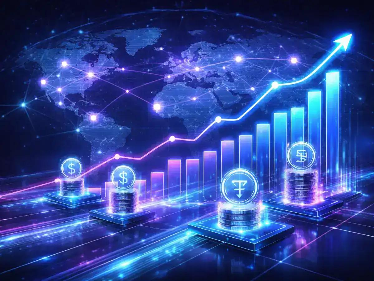 Chart showing stablecoin venture investment growth from 2019 to 2026 alongside real-world asset tokenization milestones.