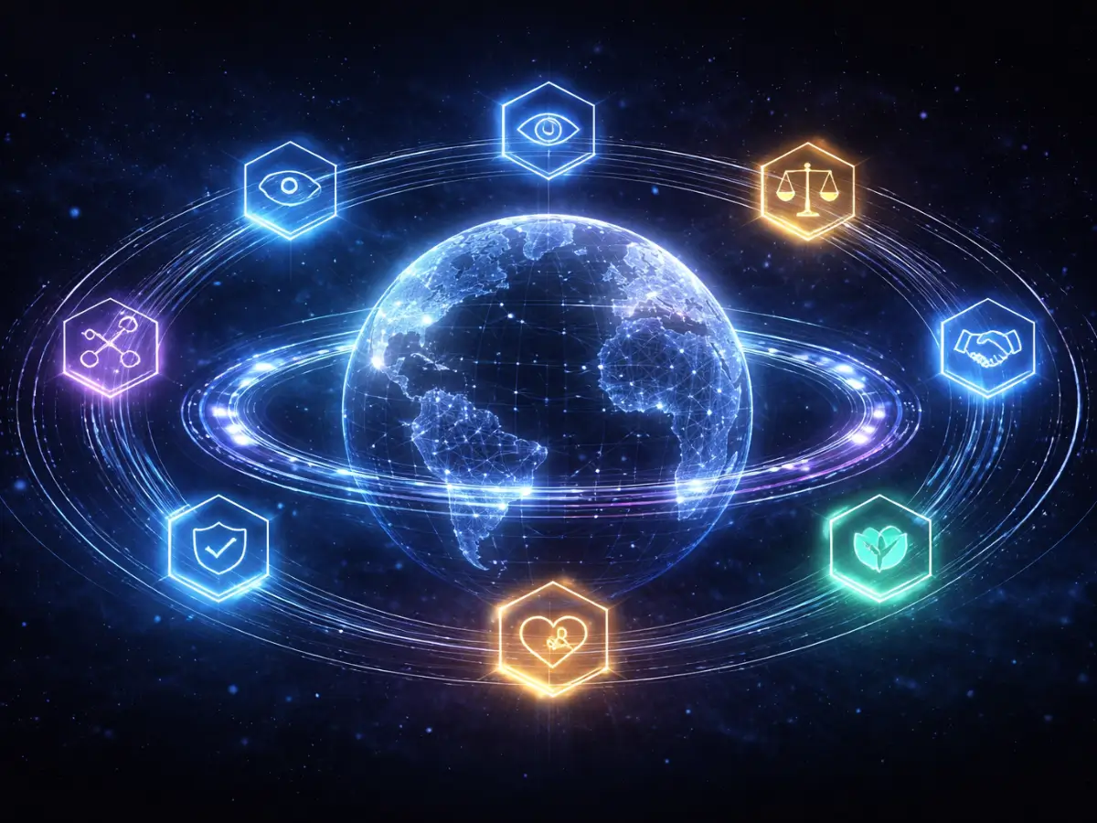 Devos Declaration 2026 ethical AI blockchain convergence Web3 global governance principle decentralized AI responsibility digital illustration