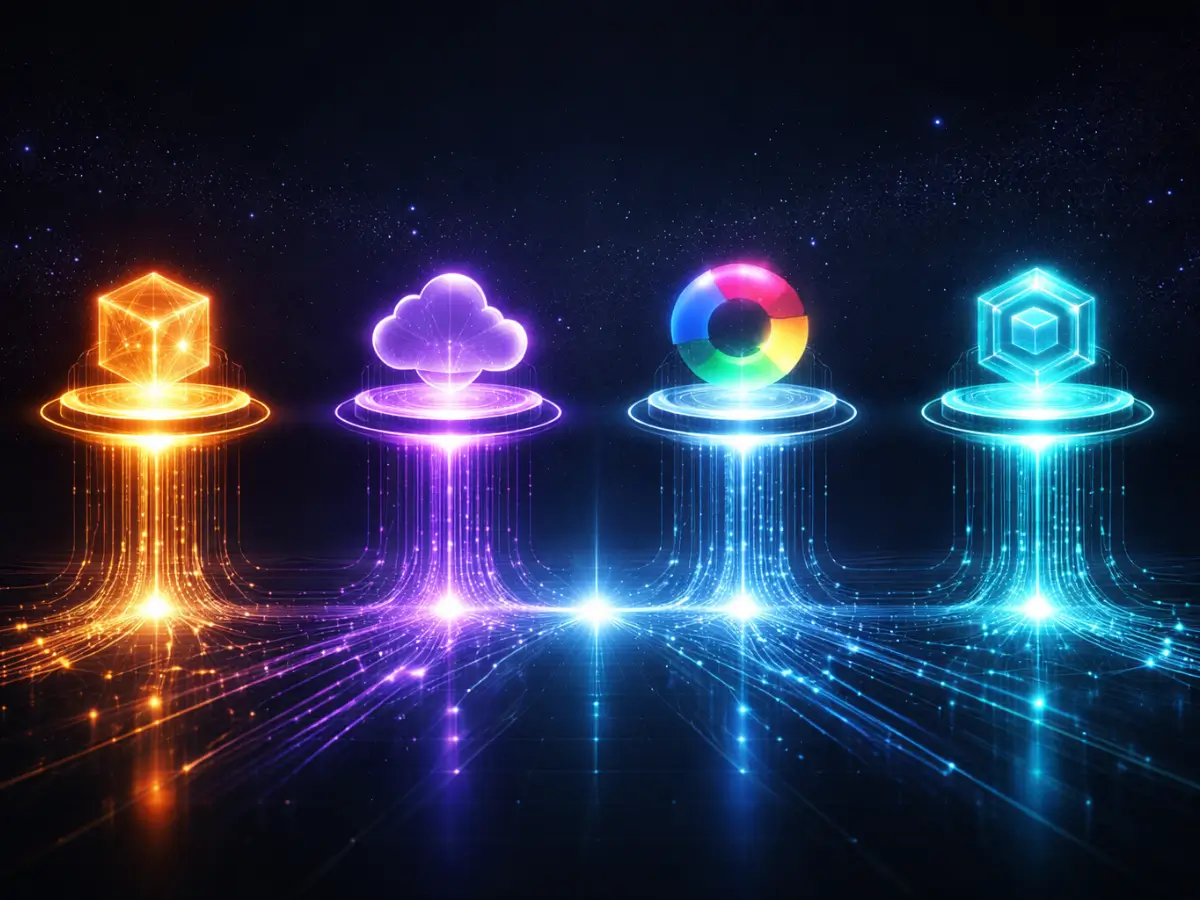 Top agentic AI platforms in 2026, futuristic 3D holographic comparison visualization with four glowing AI tool icons surrounded by data streams in navy and violet
